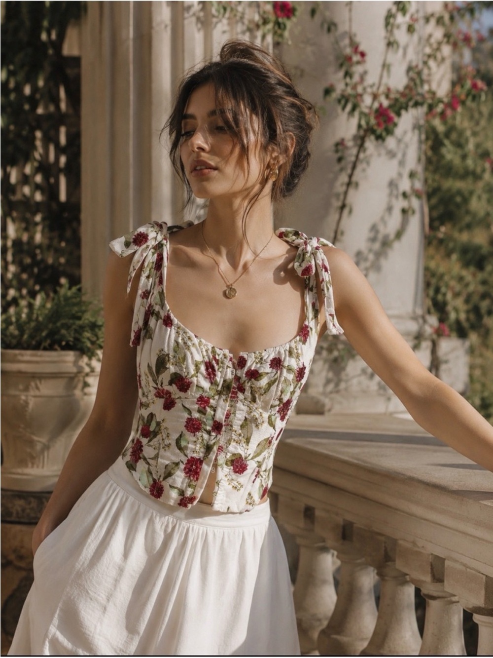 Floral Tie-Shoulder Corset Crop Top in Ivory with Rose Print